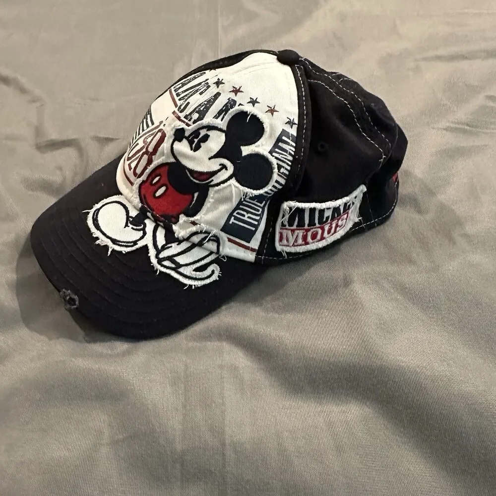 Disney Parks Mickey Mouse Stretch Fit Cap Hat American 1928 Navy Blue Distressed